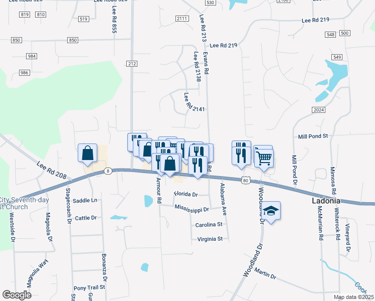 map of restaurants, bars, coffee shops, grocery stores, and more near 12 Hillside Court in Phenix City