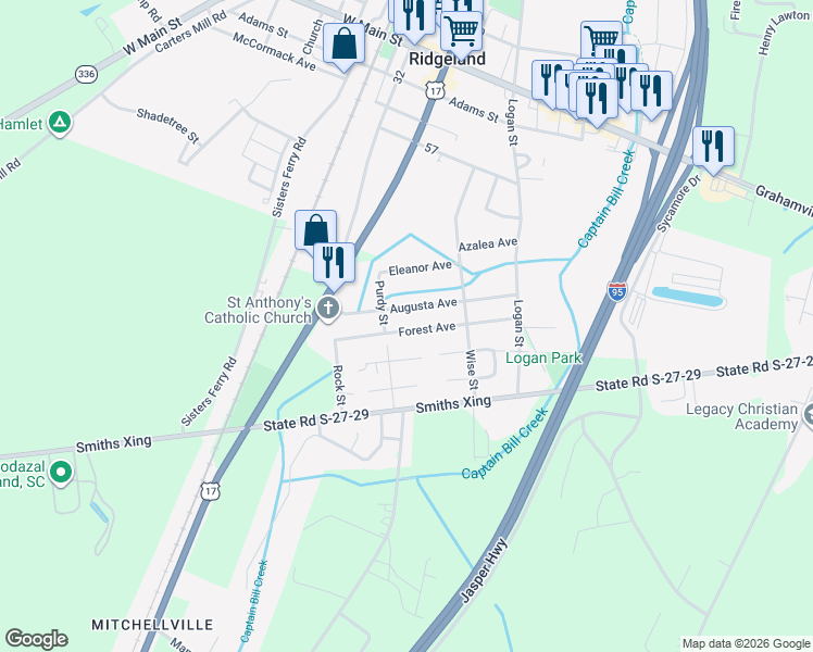 map of restaurants, bars, coffee shops, grocery stores, and more near 162 Forest Avenue in Ridgeland