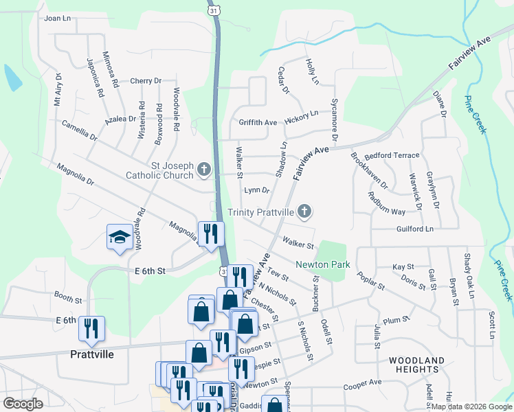 map of restaurants, bars, coffee shops, grocery stores, and more near 95 Colonial Court in Prattville