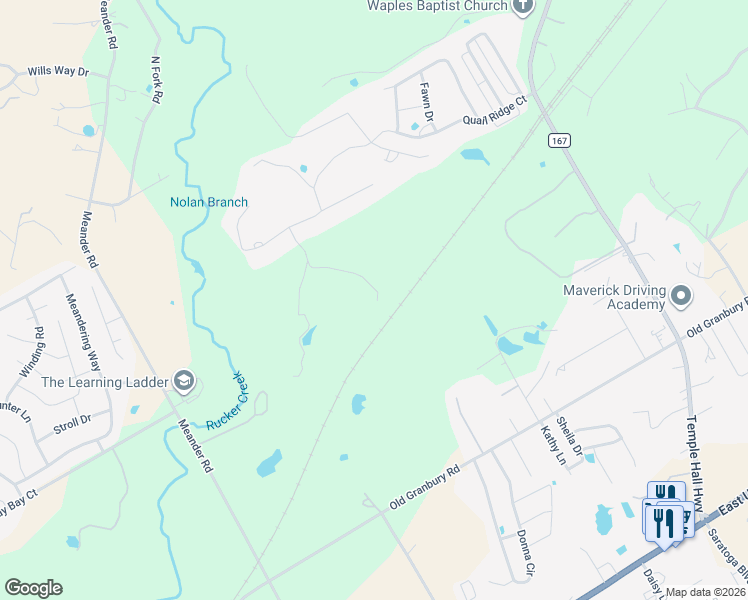 map of restaurants, bars, coffee shops, grocery stores, and more near 3427 Quail Ridge Court in Granbury