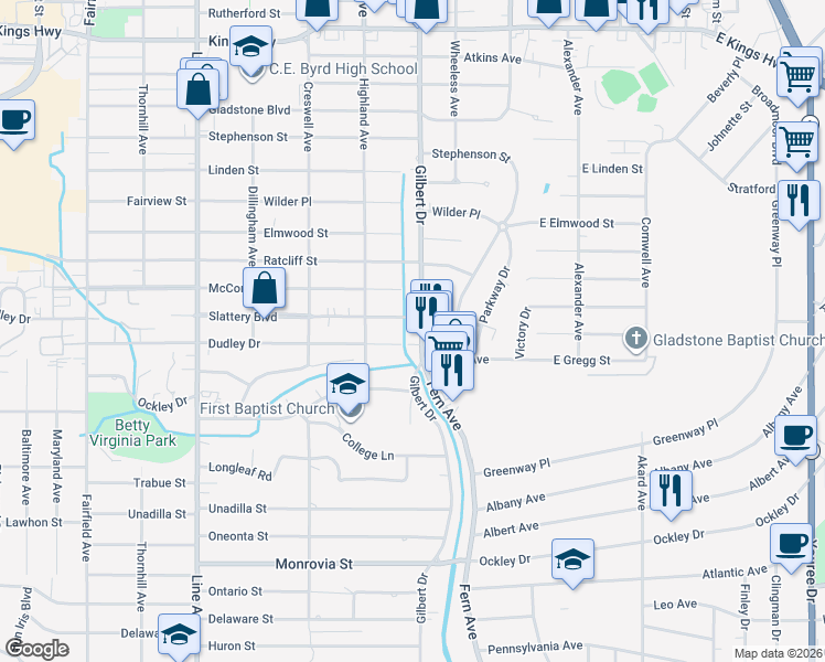 map of restaurants, bars, coffee shops, grocery stores, and more near 425 Slattery Boulevard in Shreveport
