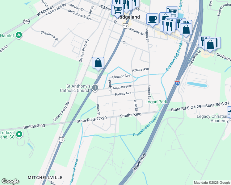 map of restaurants, bars, coffee shops, grocery stores, and more near 162 Forest Avenue in Ridgeland
