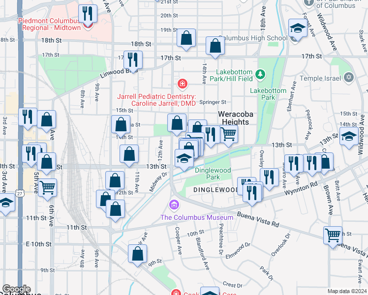 map of restaurants, bars, coffee shops, grocery stores, and more near 1341 Delauney Avenue in Columbus