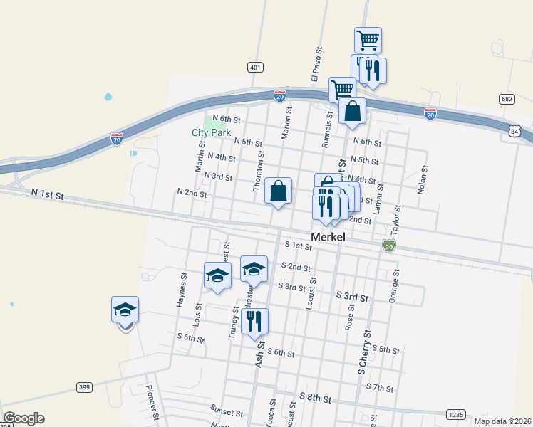 map of restaurants, bars, coffee shops, grocery stores, and more near 1409 North 2nd Street in Merkel
