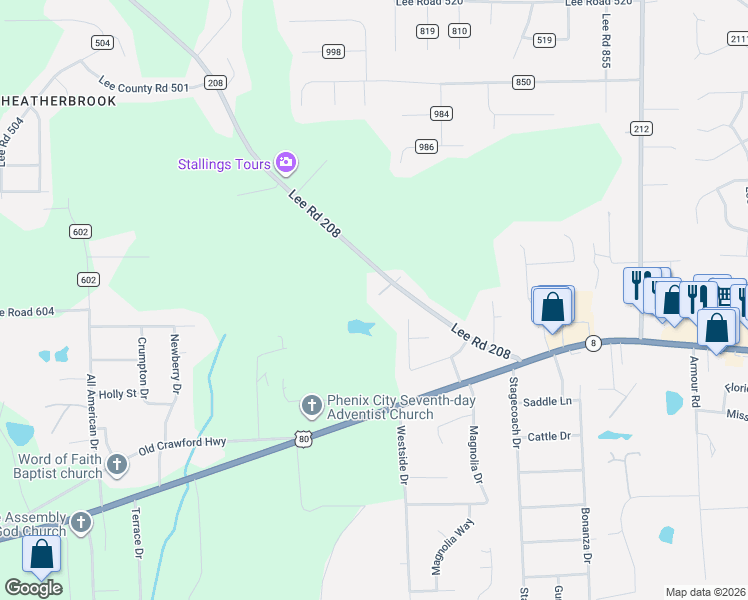 map of restaurants, bars, coffee shops, grocery stores, and more near Lee Road 208 in Phenix City