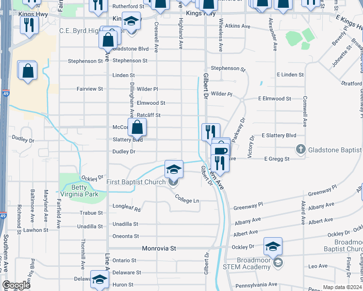 map of restaurants, bars, coffee shops, grocery stores, and more near 461 Slattery Boulevard in Shreveport