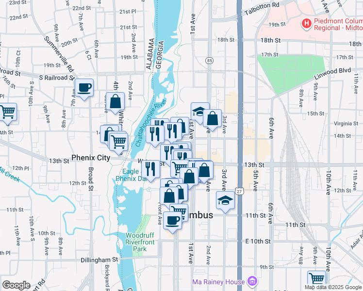 map of restaurants, bars, coffee shops, grocery stores, and more near 1340 Broadway in Columbus