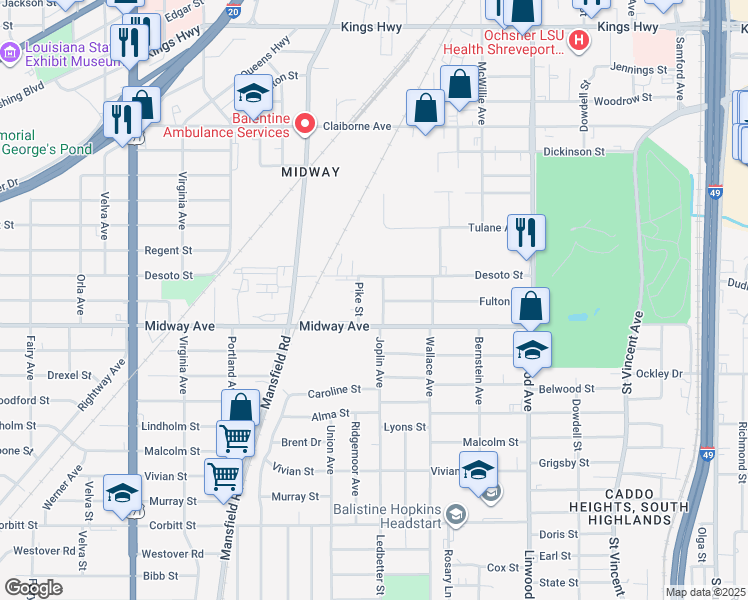 map of restaurants, bars, coffee shops, grocery stores, and more near 3824 Joplin Street in Shreveport