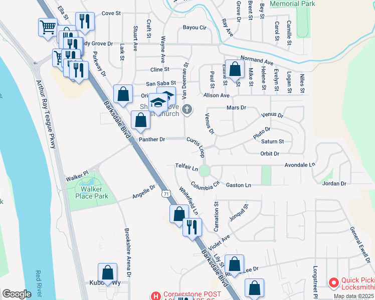 map of restaurants, bars, coffee shops, grocery stores, and more near 4414 Sun Valley Drive in Bossier City