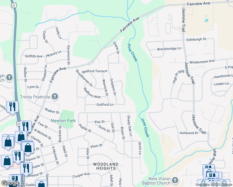 map of restaurants, bars, coffee shops, grocery stores, and more near 123 Graylynn Drive in Prattville