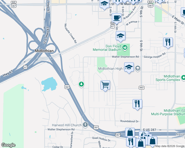 map of restaurants, bars, coffee shops, grocery stores, and more near 1313 South 3rd Street in Midlothian