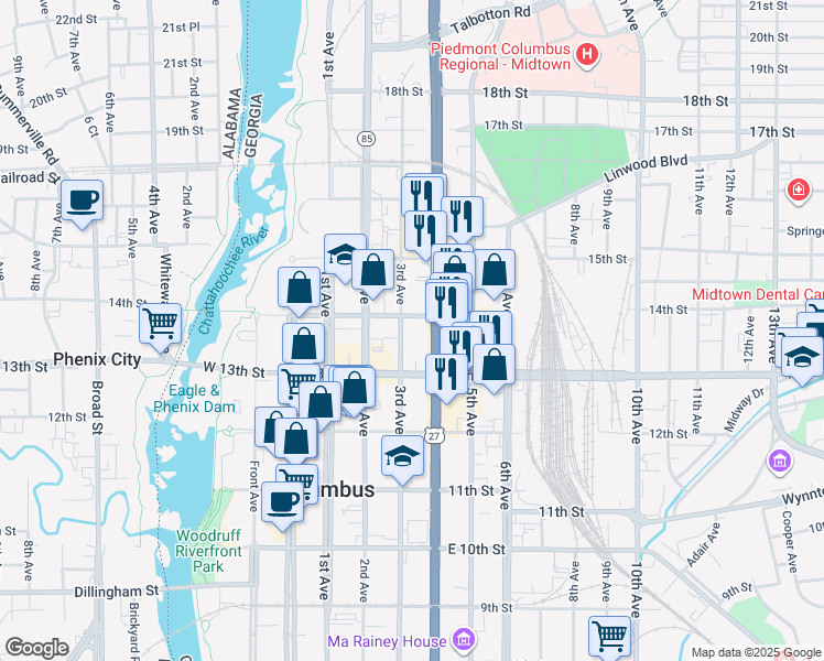 map of restaurants, bars, coffee shops, grocery stores, and more near 1336 3rd Avenue in Columbus
