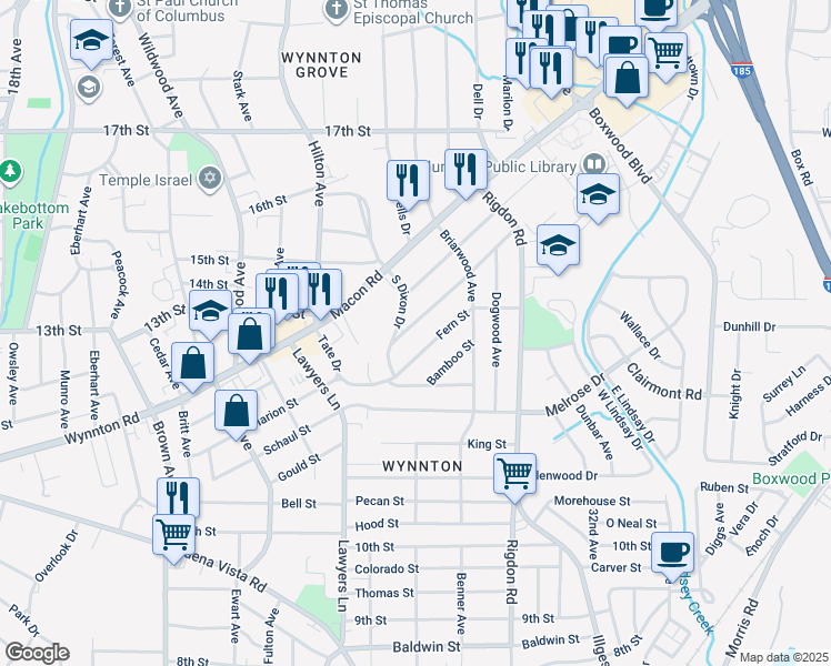 map of restaurants, bars, coffee shops, grocery stores, and more near 2728 Mimosa St in Columbus