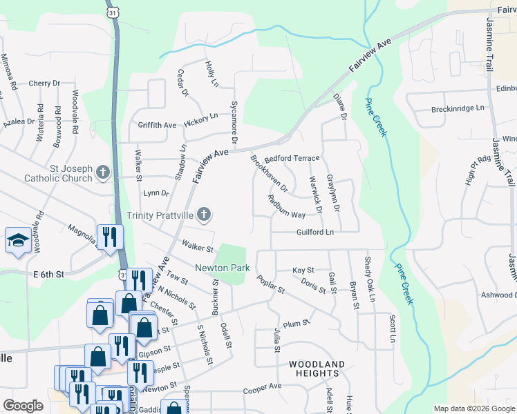 map of restaurants, bars, coffee shops, grocery stores, and more near 344 Bedford Terrace in Prattville
