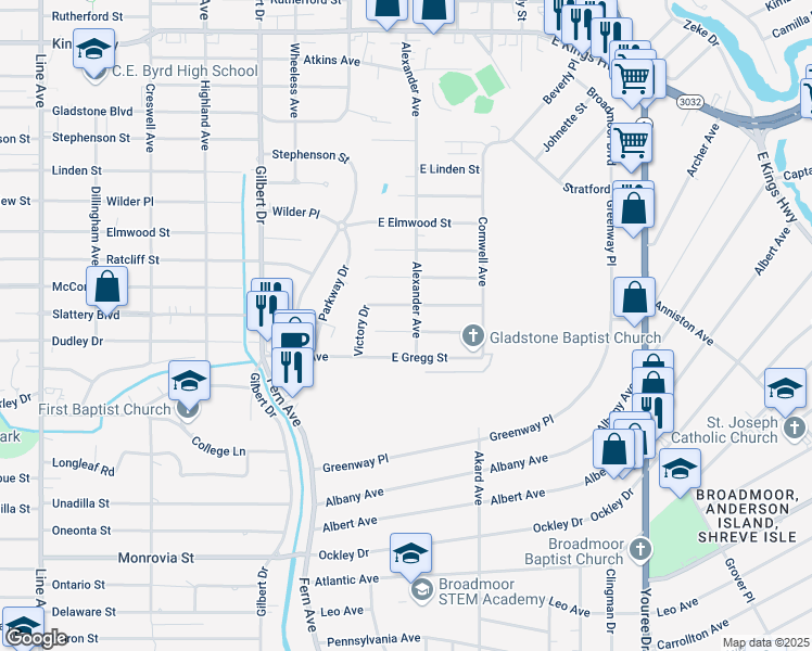 map of restaurants, bars, coffee shops, grocery stores, and more near 138 East Dudley Drive in Shreveport