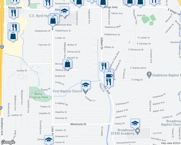 map of restaurants, bars, coffee shops, grocery stores, and more near 461 Slattery Boulevard in Shreveport