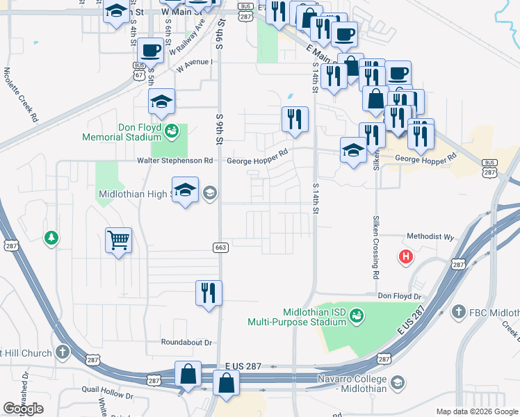 map of restaurants, bars, coffee shops, grocery stores, and more near 220 Dylan Way in Midlothian