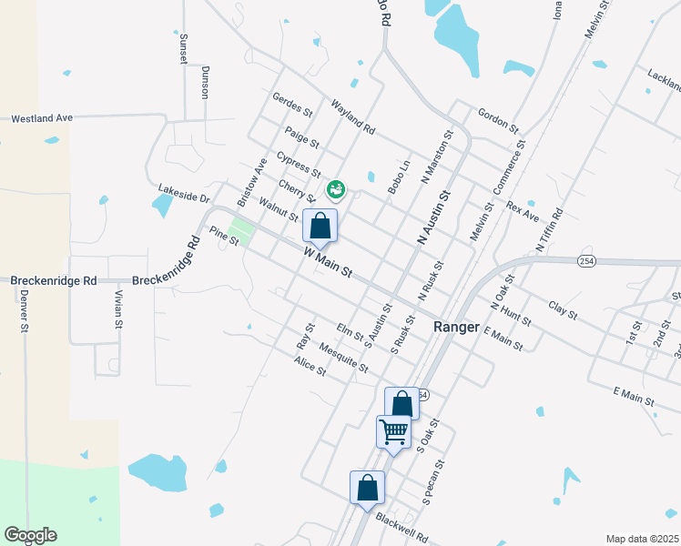 map of restaurants, bars, coffee shops, grocery stores, and more near 437 West Main Street in Ranger