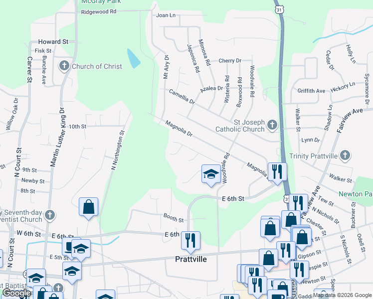 map of restaurants, bars, coffee shops, grocery stores, and more near 231 Gardenia Court in Prattville