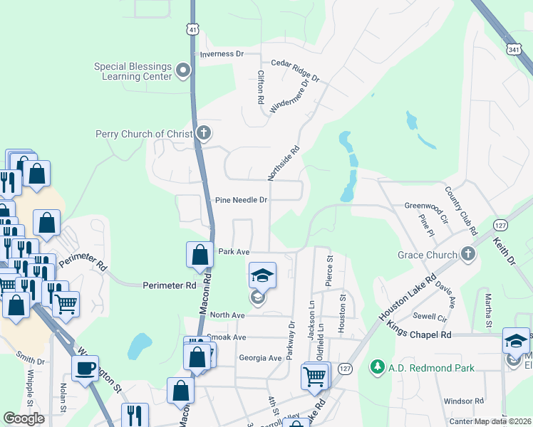 map of restaurants, bars, coffee shops, grocery stores, and more near 1613 Northside Road in Perry