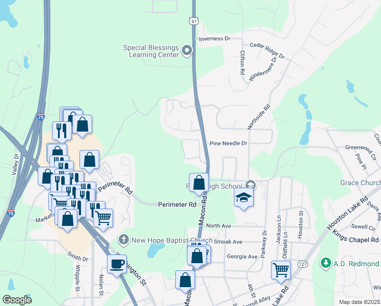 map of restaurants, bars, coffee shops, grocery stores, and more near 1701 Macon Road in Perry