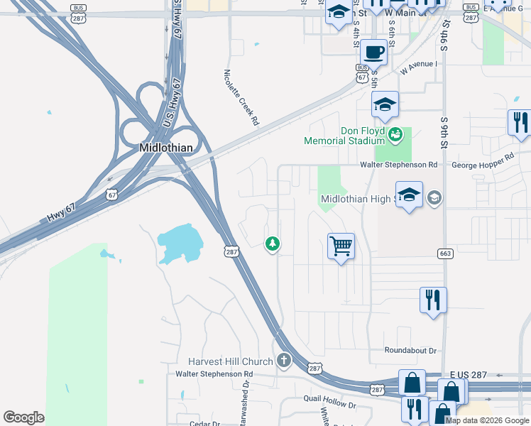 map of restaurants, bars, coffee shops, grocery stores, and more near 999 Walter Stephenson Road in Midlothian