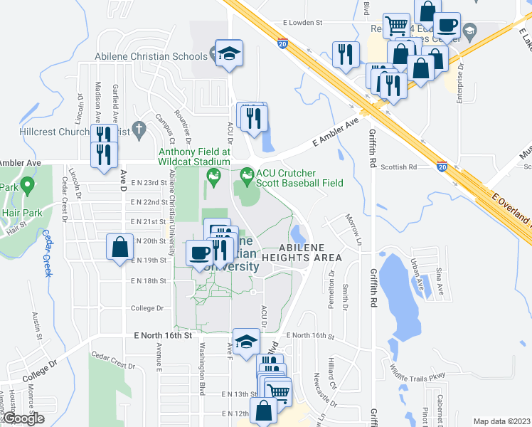 map of restaurants, bars, coffee shops, grocery stores, and more near A C U Drive in Abilene