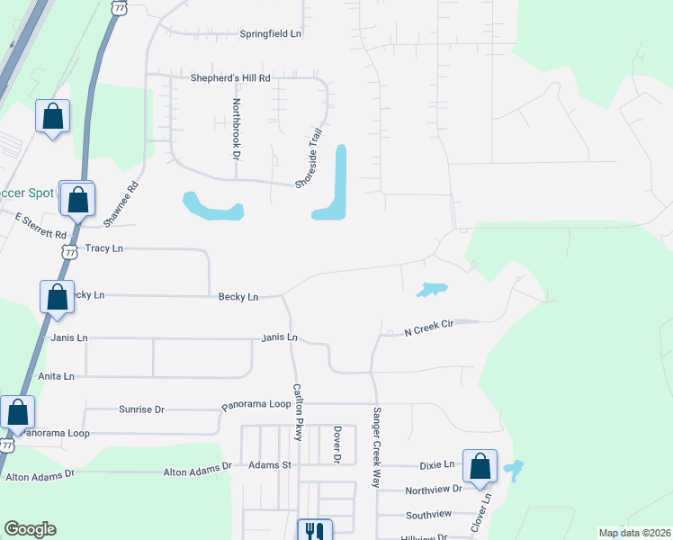 map of restaurants, bars, coffee shops, grocery stores, and more near 321 Becky Lane in Waxahachie