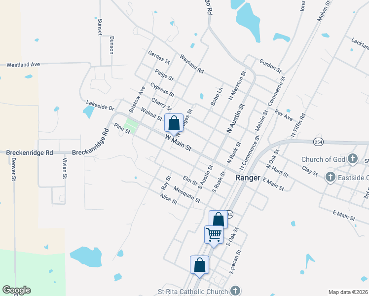 map of restaurants, bars, coffee shops, grocery stores, and more near 437 West Main Street in Ranger