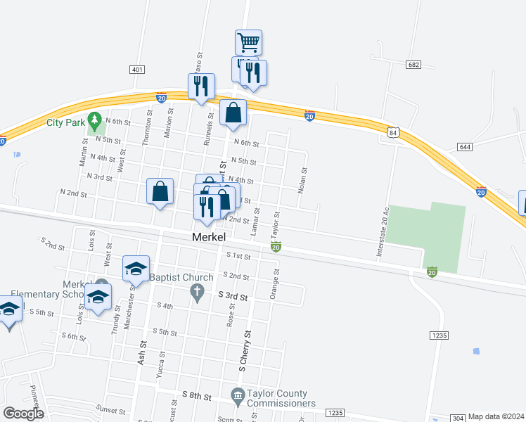 map of restaurants, bars, coffee shops, grocery stores, and more near 208 Lamar Street in Merkel