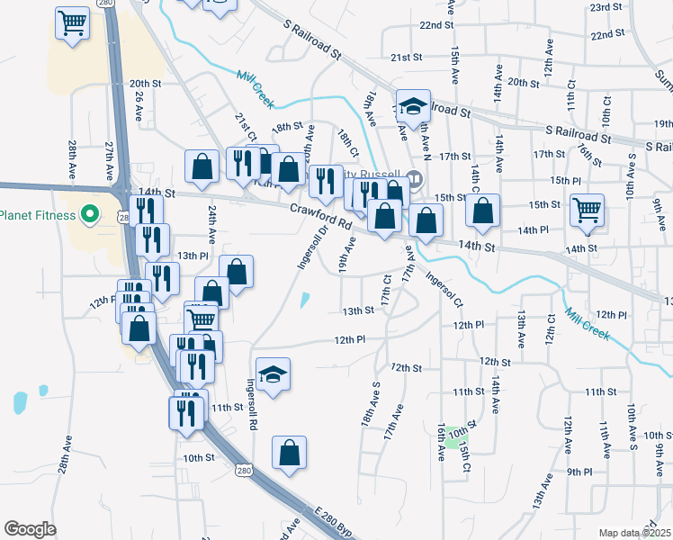 map of restaurants, bars, coffee shops, grocery stores, and more near 1315B 19th Avenue in Phenix City