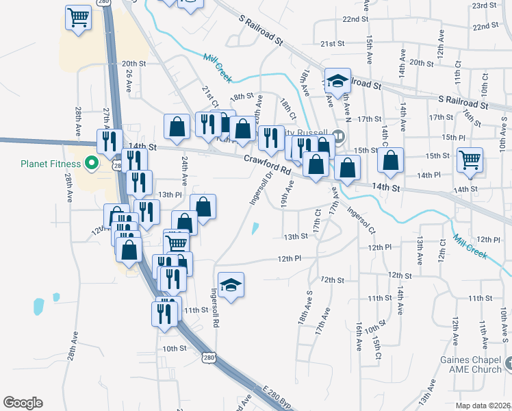 map of restaurants, bars, coffee shops, grocery stores, and more near 1328 Ingersoll Drive in Phenix City