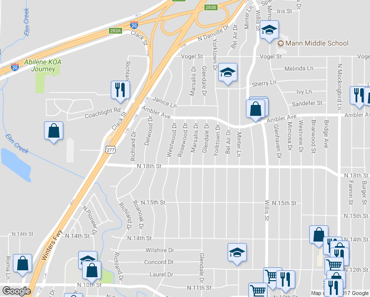 map of restaurants, bars, coffee shops, grocery stores, and more near 1917 Rosewood Drive in Abilene