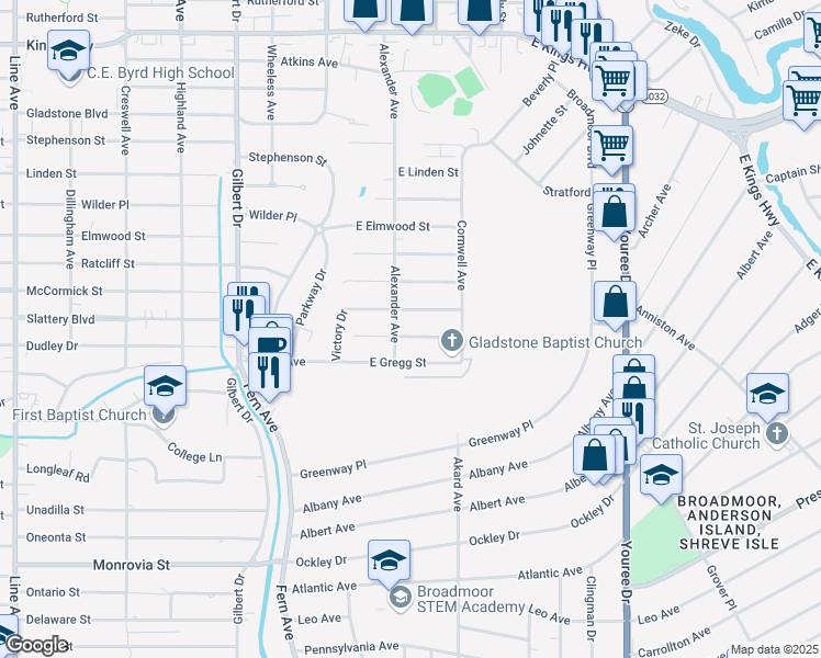 map of restaurants, bars, coffee shops, grocery stores, and more near 218 E Dudley Dr in Shreveport