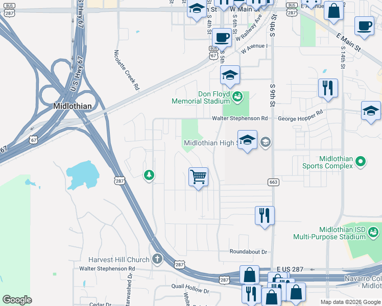map of restaurants, bars, coffee shops, grocery stores, and more near 1301 Meadow Court in Midlothian