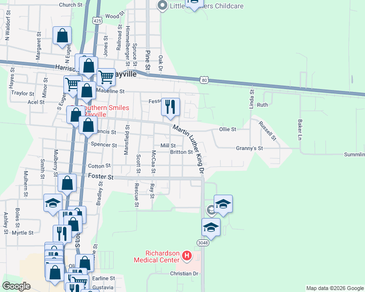 map of restaurants, bars, coffee shops, grocery stores, and more near 601 Mill Street in Rayville