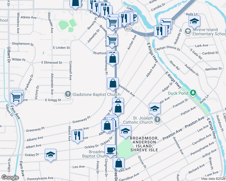 map of restaurants, bars, coffee shops, grocery stores, and more near 3702 Youree Drive in Shreveport