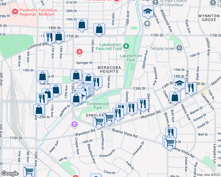 map of restaurants, bars, coffee shops, grocery stores, and more near 1601 13th Street in Columbus