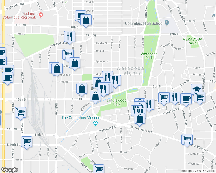 map of restaurants, bars, coffee shops, grocery stores, and more near 1359 13th Street in Columbus
