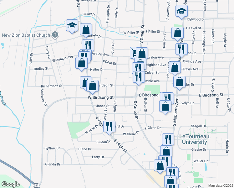 map of restaurants, bars, coffee shops, grocery stores, and more near 1712 Holly Street in Longview