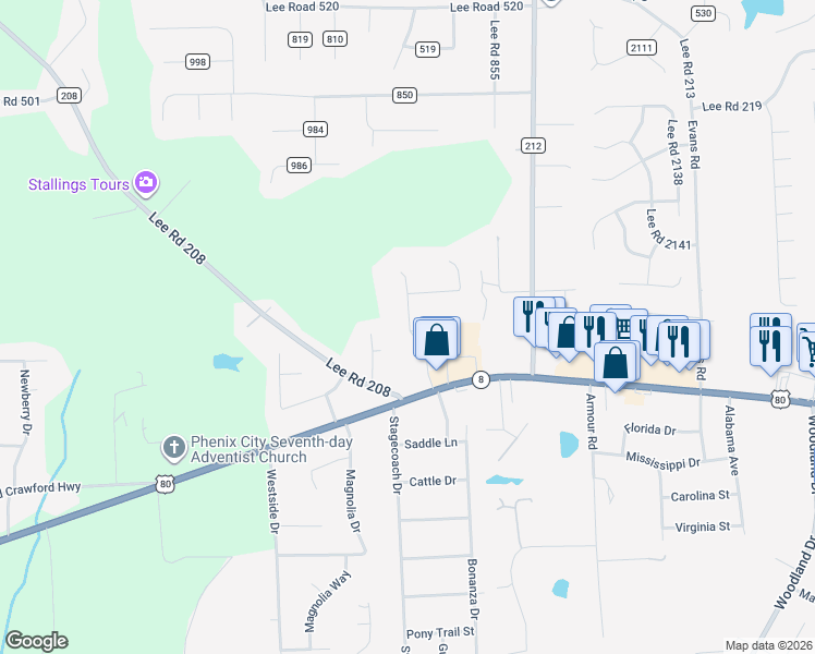map of restaurants, bars, coffee shops, grocery stores, and more near 11 West Ridge Drive in Phenix City