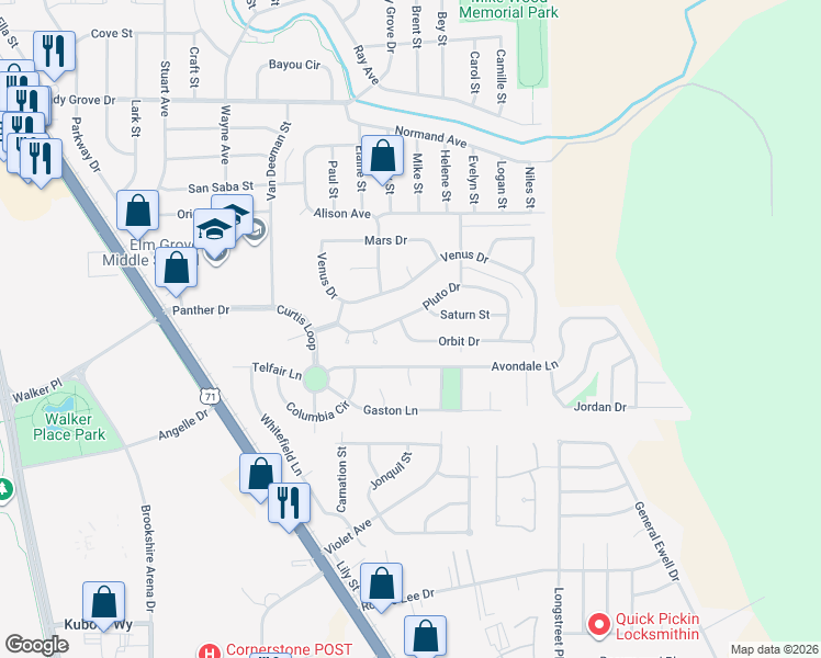 map of restaurants, bars, coffee shops, grocery stores, and more near 1907 Orbit Drive in Bossier City