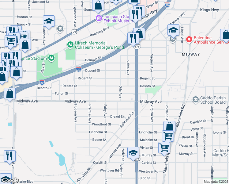 map of restaurants, bars, coffee shops, grocery stores, and more near 2924 Fulton Street in Shreveport