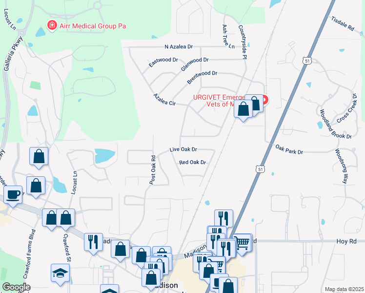 map of restaurants, bars, coffee shops, grocery stores, and more near 534 Live Oak Drive in Madison