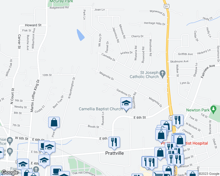 map of restaurants, bars, coffee shops, grocery stores, and more near 1220 Camellia Woods Court in Prattville