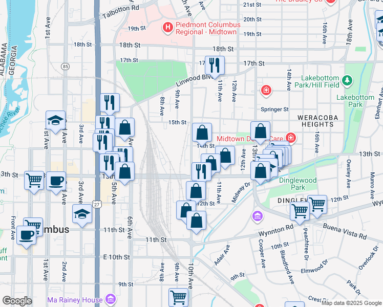map of restaurants, bars, coffee shops, grocery stores, and more near 10th Avenue in Columbus