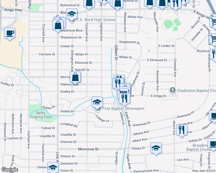 map of restaurants, bars, coffee shops, grocery stores, and more near 425 Slattery Boulevard in Shreveport