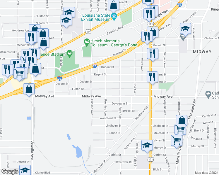map of restaurants, bars, coffee shops, grocery stores, and more near 3048 Fulton Street in Shreveport