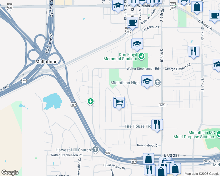 map of restaurants, bars, coffee shops, grocery stores, and more near 1306 Ridge Drive in Midlothian