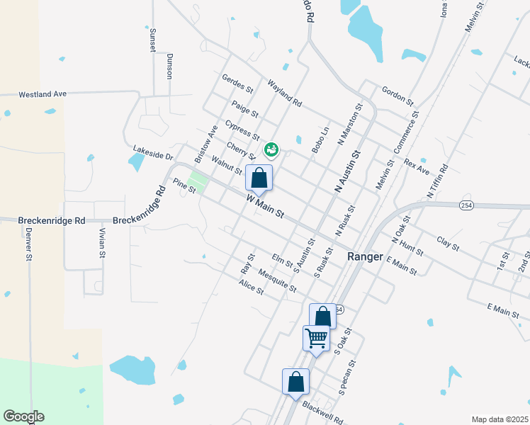 map of restaurants, bars, coffee shops, grocery stores, and more near 437 West Main Street in Ranger